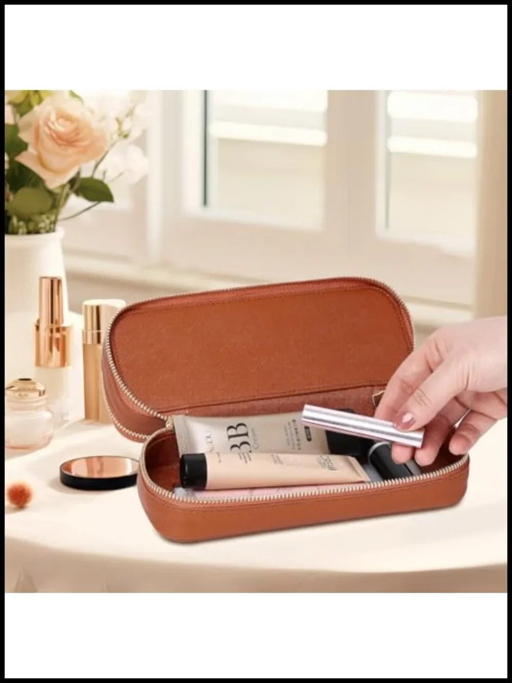 Double Layer Makeup Bag Saffiano Faux Leather Travel Cosmetic Brush Organizer